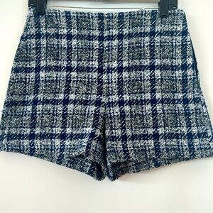 ZARA Blue Check High Waisted Shorts Size M Plaid fabric retro